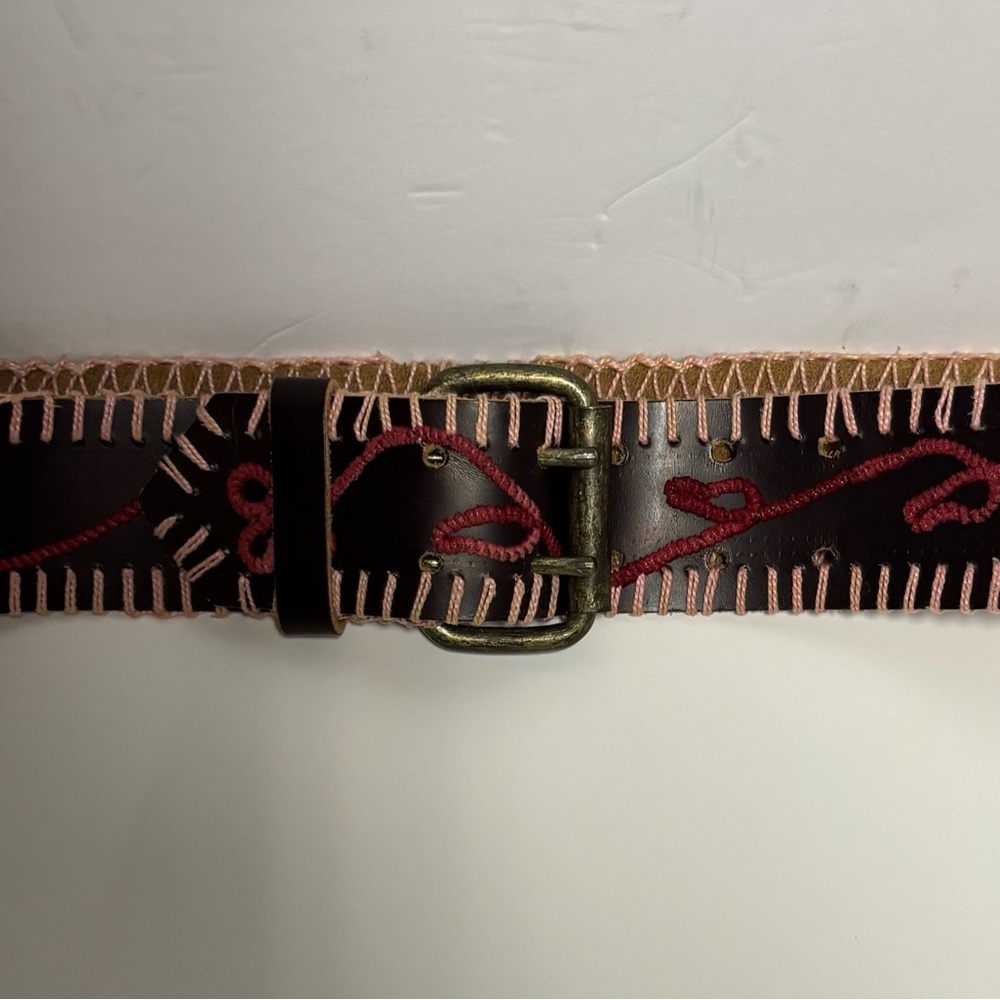 Vintage Romantically Sweet Boho Embroidered Leather Brown Belt